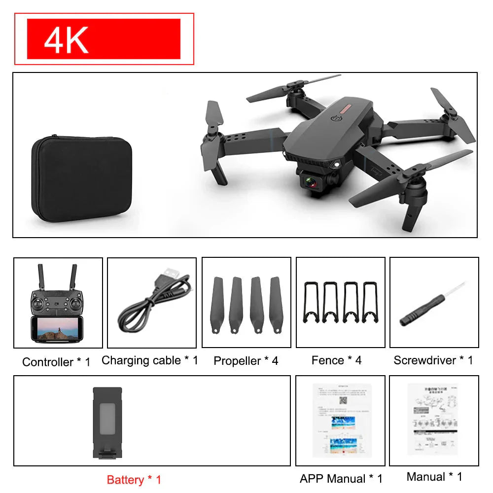 Drone quadricoptère pliable E88 Pro - WIFI FPV, caméra HD 4K, maintien d'altitude