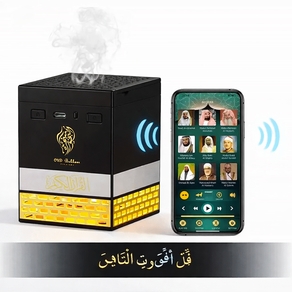 Rechargeable multi-LED oud incense burner with integrated speaker for Muslims