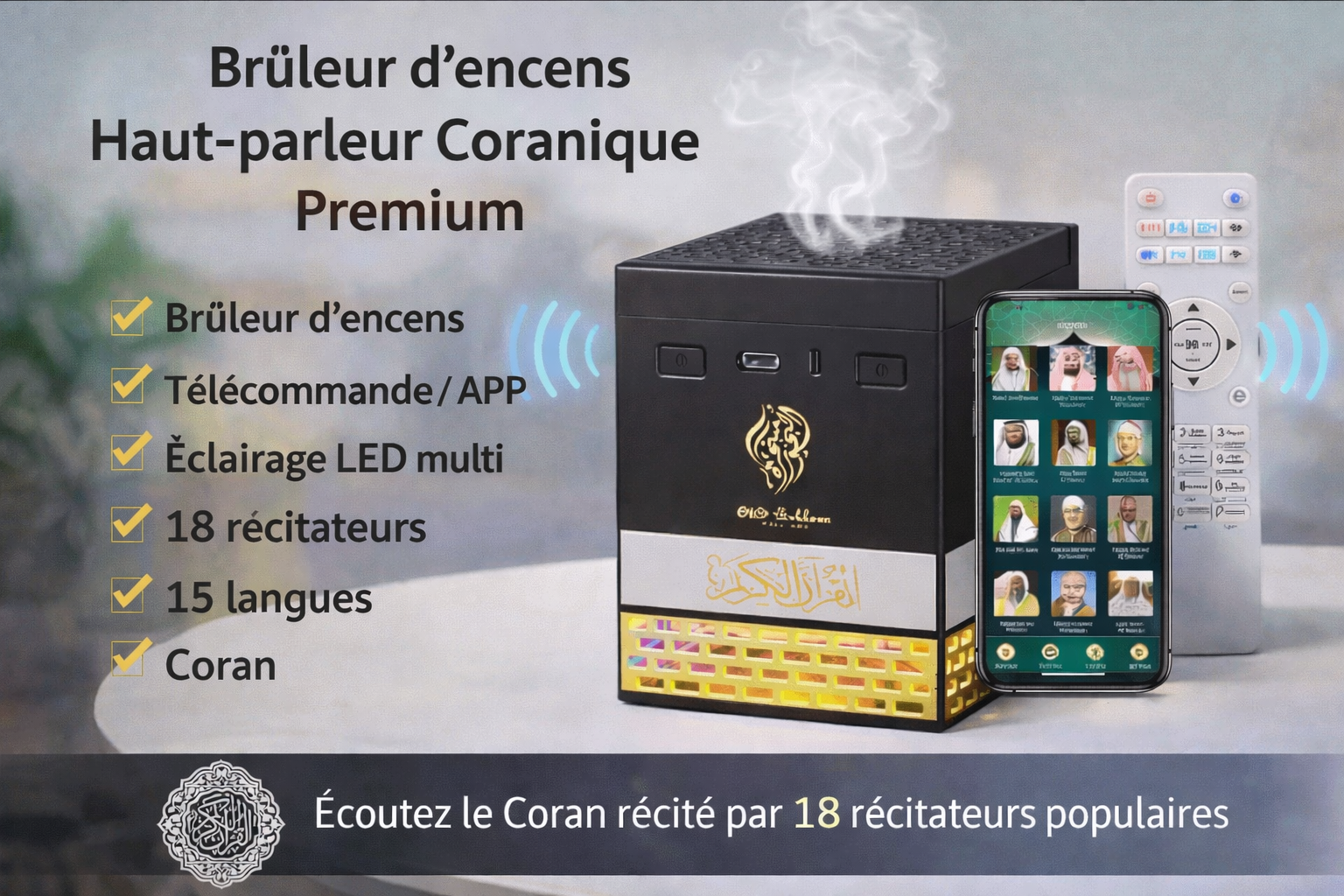 Rechargeable multi-LED oud incense burner with integrated speaker for Muslims