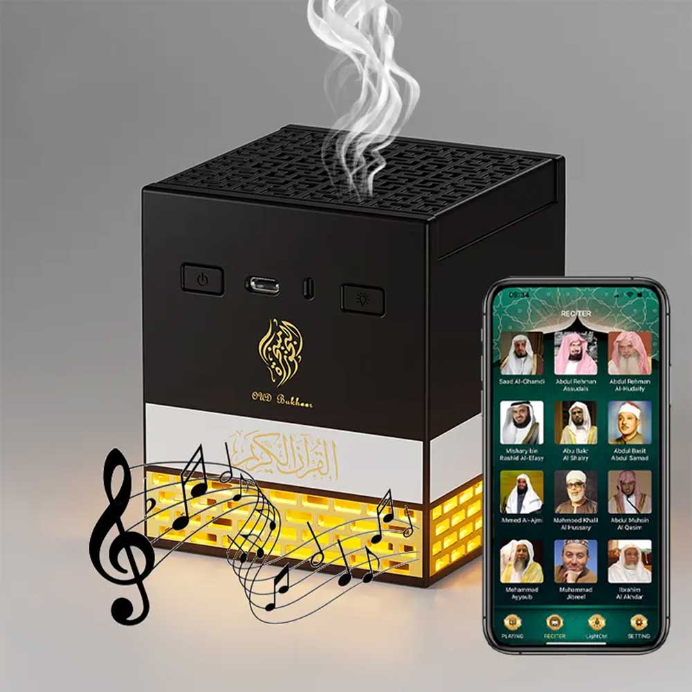 Rechargeable multi-LED oud incense burner with integrated speaker for Muslims